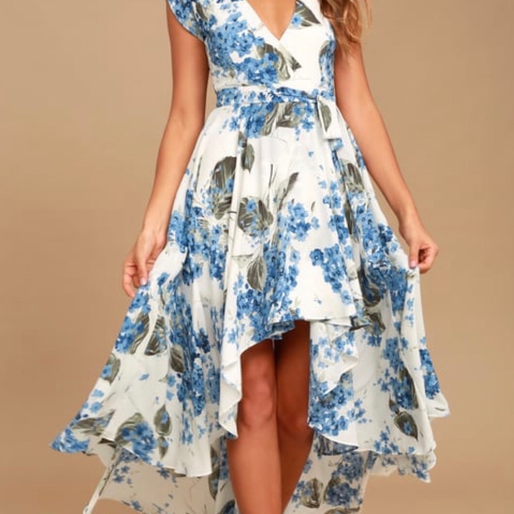 LULUS WHITE FLORAL PRINT HIGH-LOW DRESS